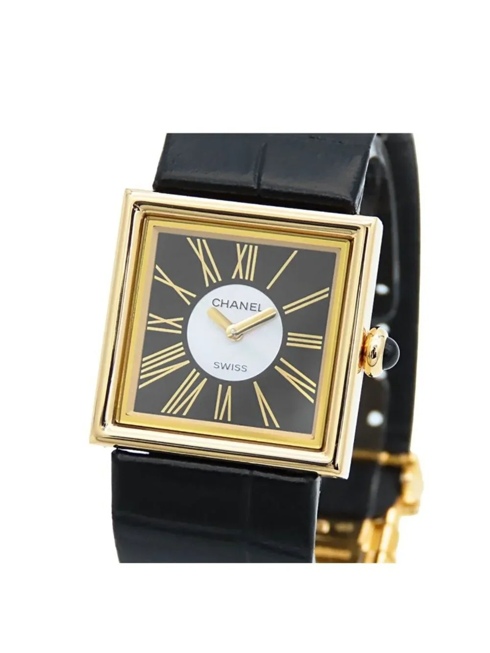 Chanel Mademoiselle Black 18K Yellow Gold Leather Shell Dial Watch Quartz